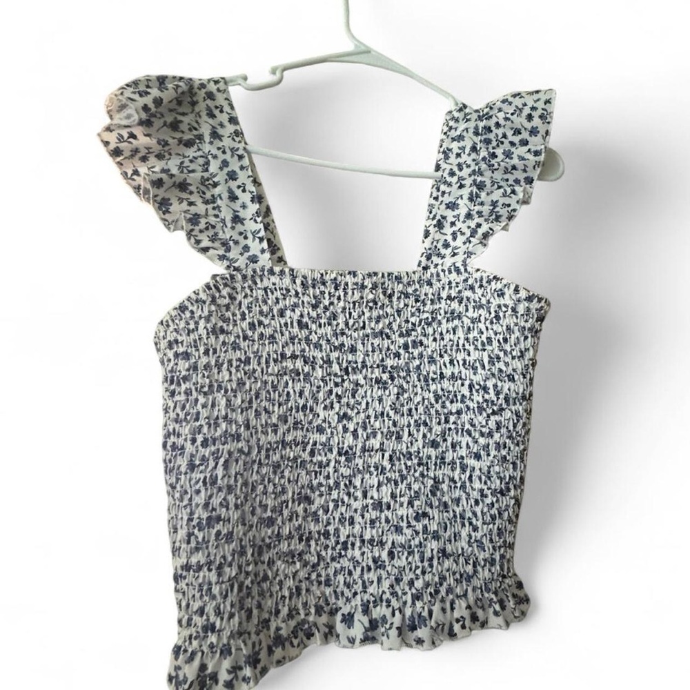 Blush White & Navy Smocked Floral Ruffle Camisole